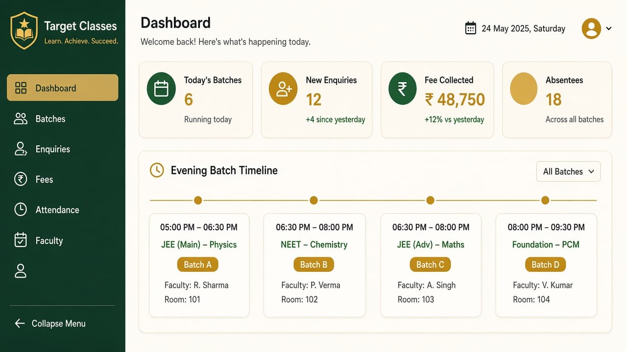 ERP with Attendance — ZemERP web dashboard with left sidebar menus and live cards (students in a coaching classroom). Cloud ERP software India.