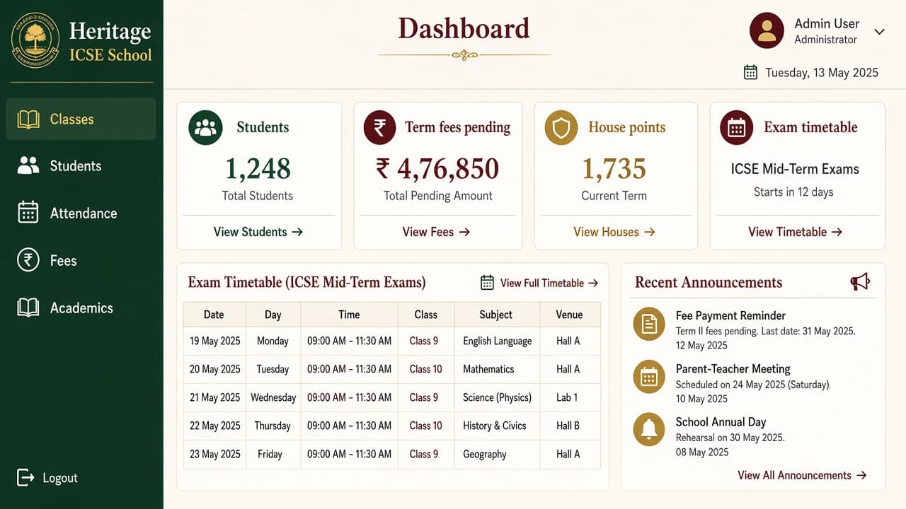 ERP for ICSE Schools — ZemERP web dashboard with left sidebar menus and live cards (ICSE school students in blazers at wooden desks). Cloud ERP software India.
