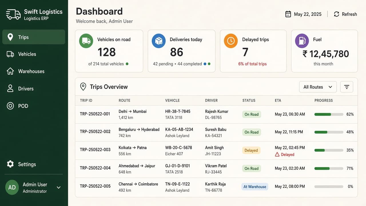 Multi Branch ERP — ZemERP web dashboard with left sidebar menus and live cards (trucks loading at a warehouse dock). Cloud ERP software India.