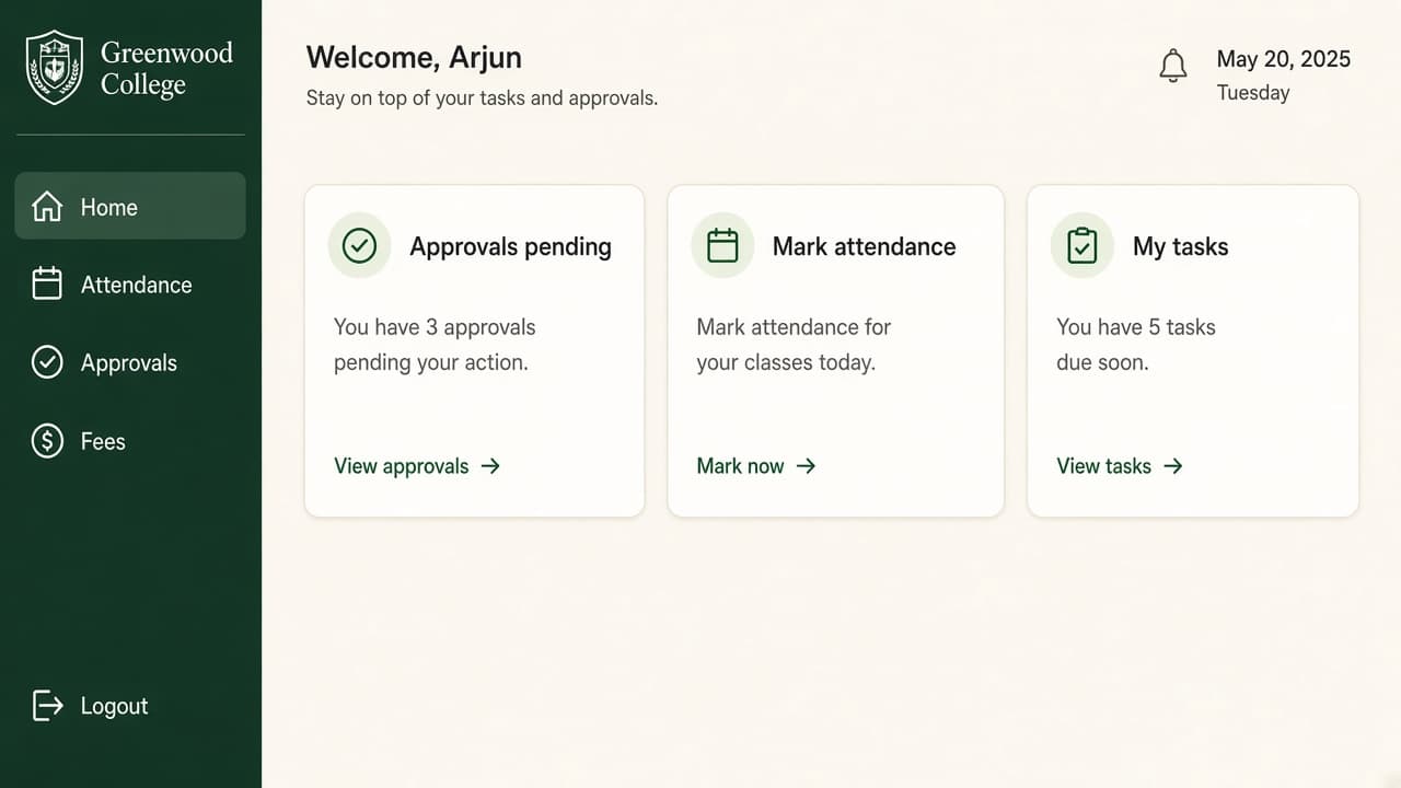 Cloud Based ERP Software — ZemERP web dashboard with left sidebar menus and live cards (staff using a phone for ERP attendance and approvals). Cloud ERP software India.