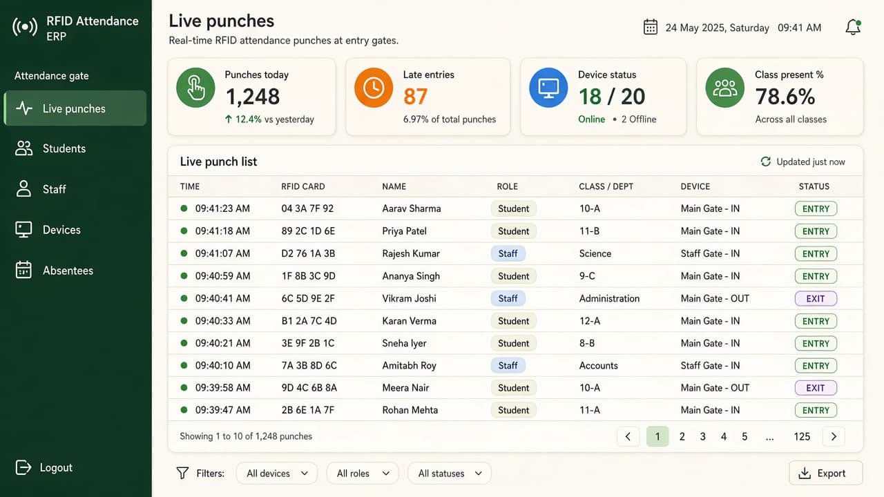 Attendance Solution — ZemERP web dashboard with left sidebar menus and live cards (RFID or biometric attendance at a campus gate). Cloud ERP software India.