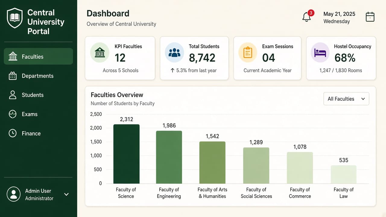 ERP for Universities — ZemERP web dashboard with left sidebar menus and live cards (wide Indian university campus with faculty buildings). Cloud ERP software India.