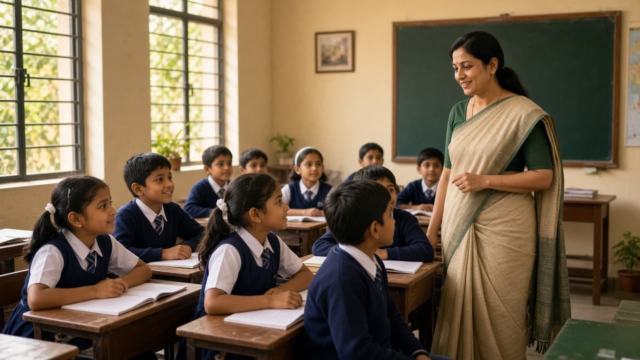 Student Management Software in India — CBSE school classroom with students and a teacher. Cloud ERP by ZemERP.
