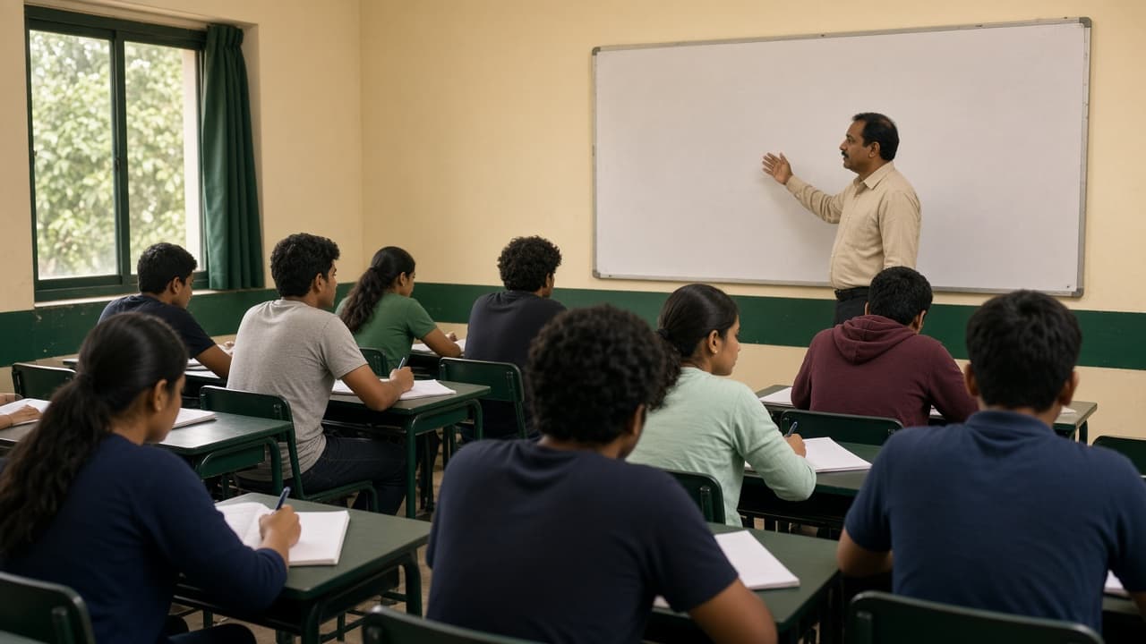 ERP with Attendance in India — students in a coaching classroom. Cloud ERP by ZemERP.