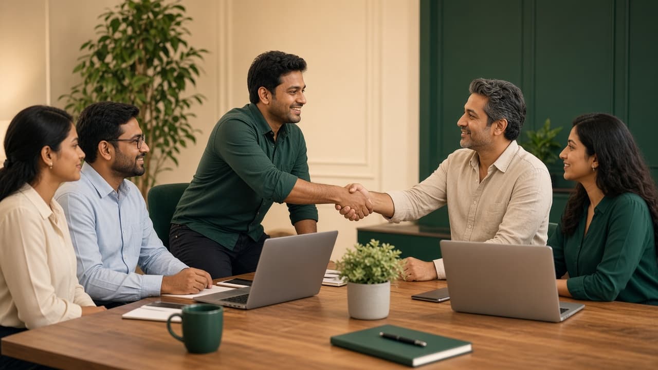 CRM Software in India — sales team meeting a client with laptops. Cloud ERP by ZemERP.