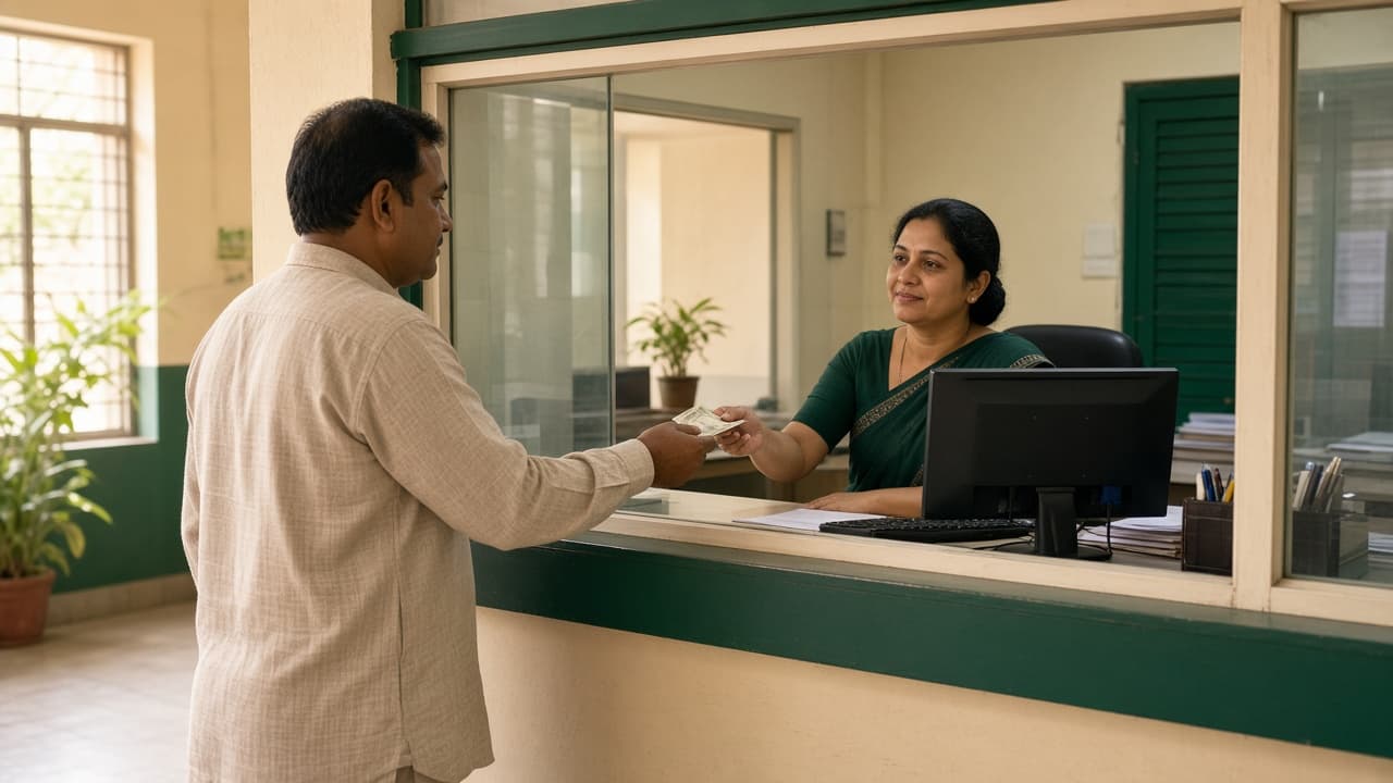 School Operations Solution in India — school fee counter with a parent and office clerk. Cloud ERP by ZemERP.