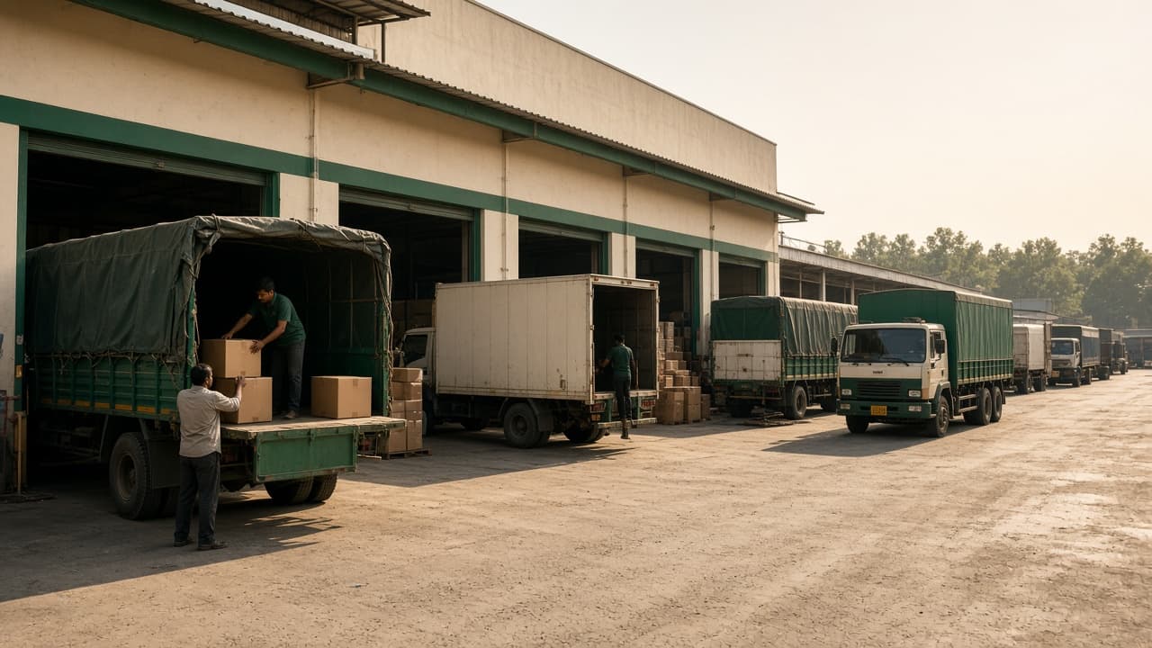 Multi Branch ERP in India — trucks loading at a warehouse dock. Cloud ERP by ZemERP.