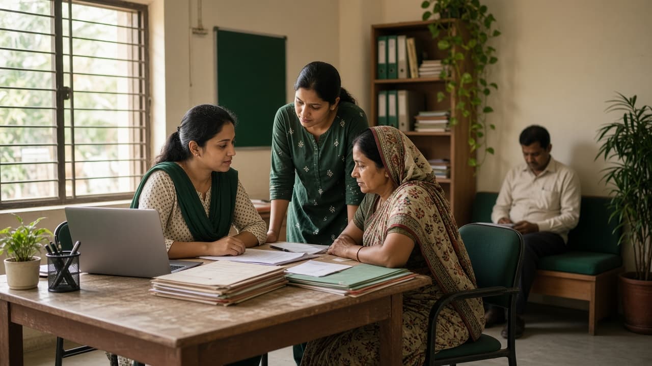 Help Desk Software in India — NGO staff helping visitors at a community office. Cloud ERP by ZemERP.
