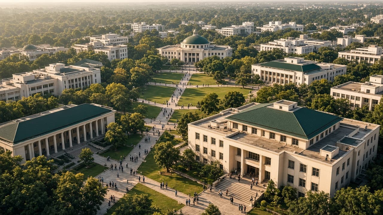 ERP for Universities in India — wide Indian university campus with faculty buildings. Cloud ERP by ZemERP.