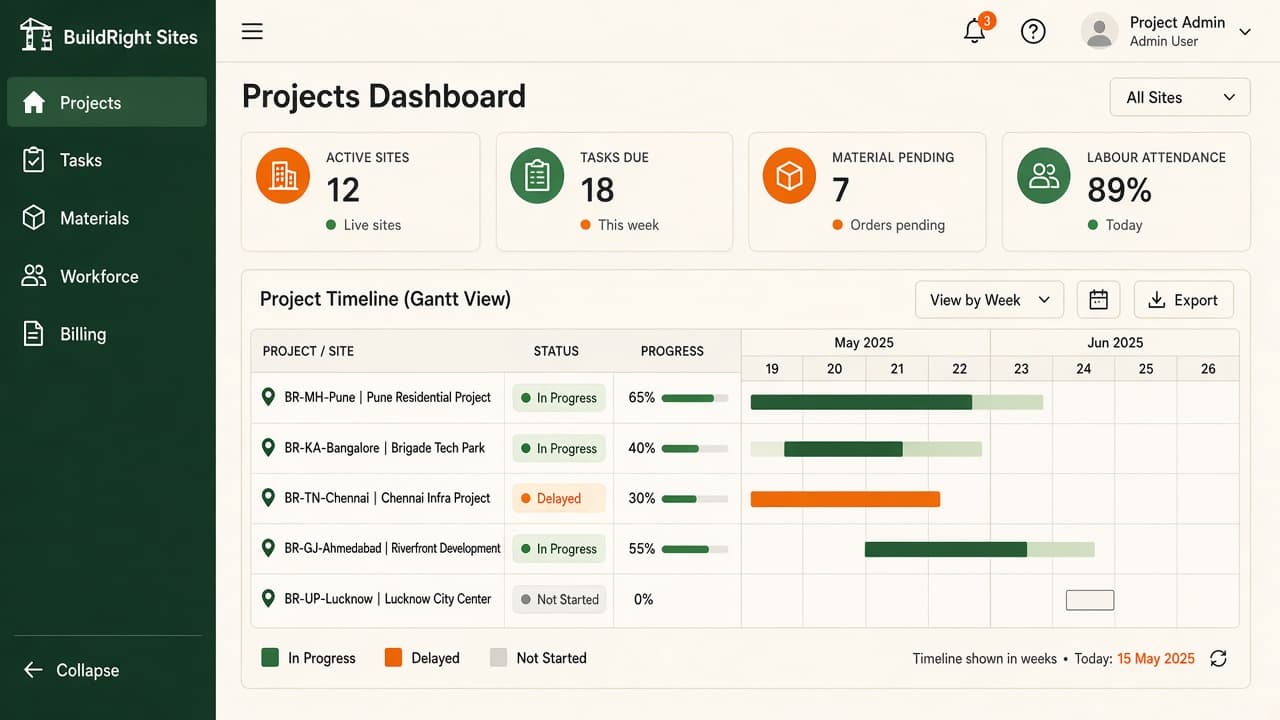 Enterprise ERP — ZemERP web dashboard with left sidebar menus and live cards (engineers reviewing plans on a construction site). Cloud ERP software India.
