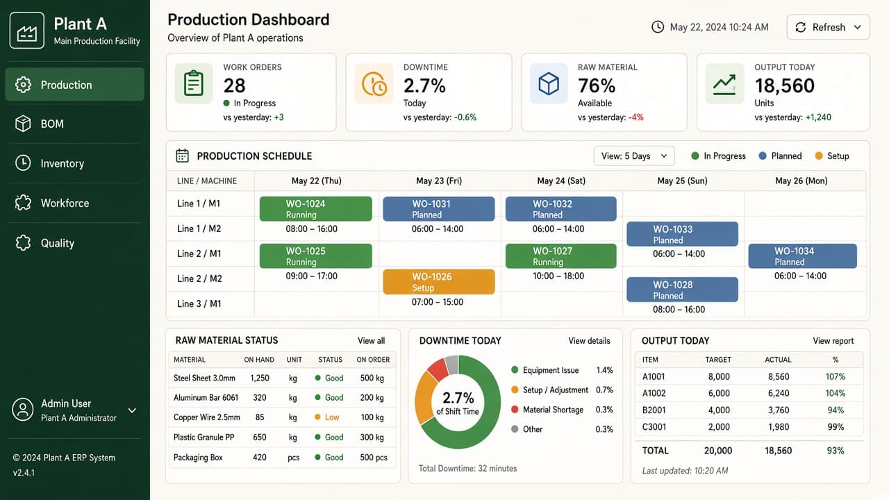 Asset Management Software — ZemERP web dashboard with left sidebar menus and live cards (workers on an Indian manufacturing shop floor). Cloud ERP software India.