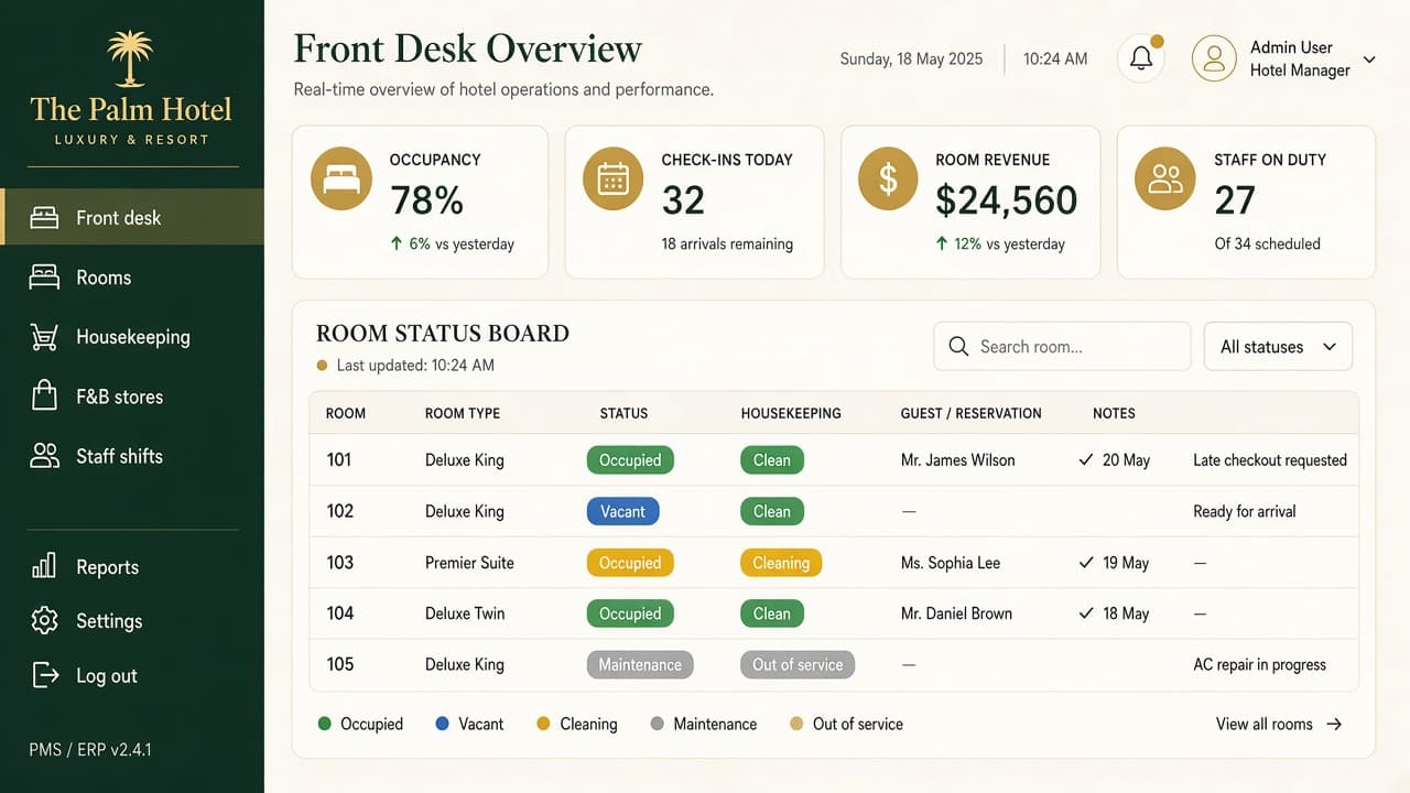 Hotel ERP — ZemERP web dashboard with left sidebar menus and live cards (hotel reception and lobby operations). Cloud ERP software India.