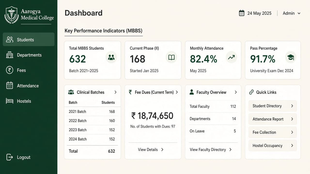 ERP for Medical Colleges — ZemERP web dashboard with left sidebar menus and live cards (medical college students in a skills lab). Cloud ERP software India.