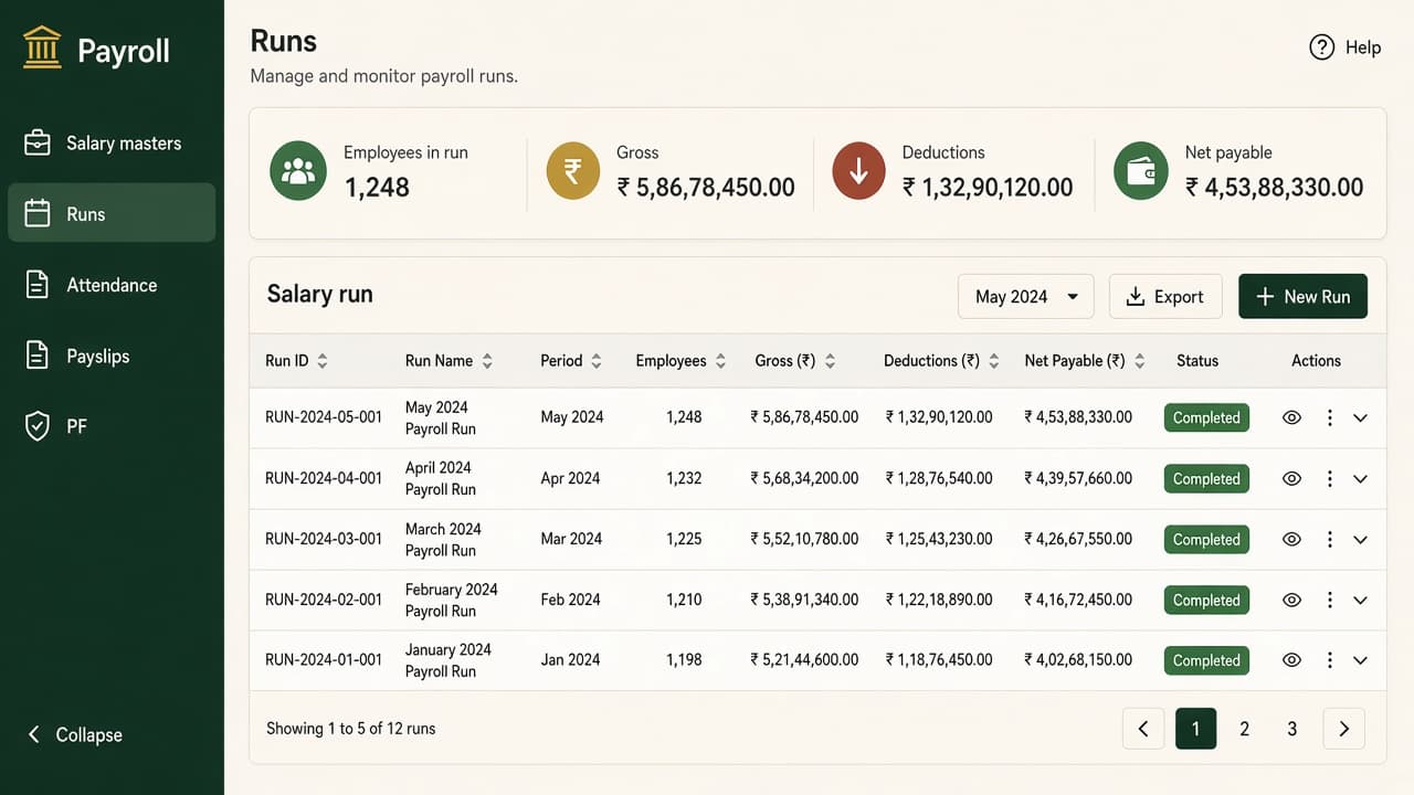 ERP Software with Payroll — ZemERP web dashboard with left sidebar menus and live cards (payroll desk preparing salary from attendance records). Cloud ERP software India.