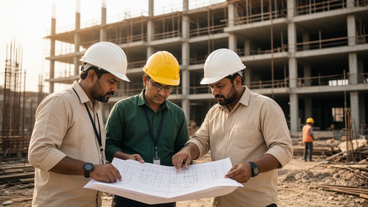 Enterprise ERP in India — engineers reviewing plans on a construction site. Cloud ERP by ZemERP.