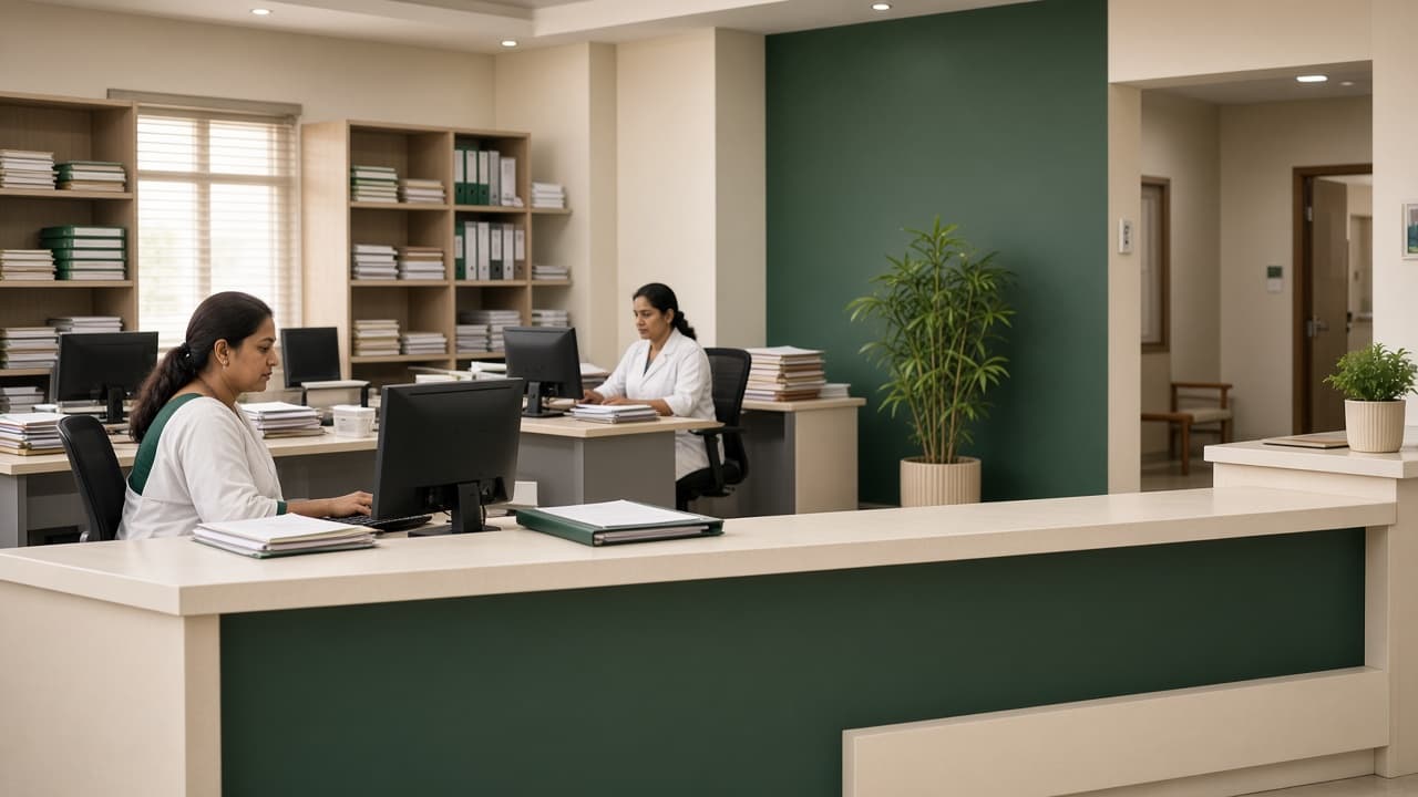 Shift Management in India — hospital admin office managing staff and records. Cloud ERP by ZemERP.