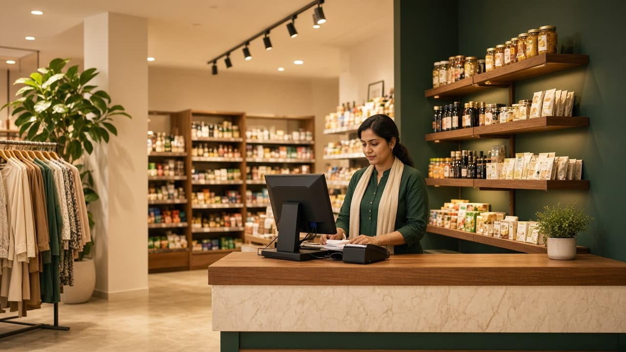 Retail ERP in India — staff at an Indian retail store counter. Cloud ERP by ZemERP.