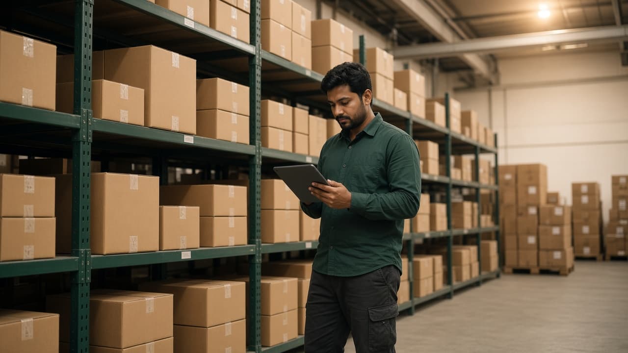 Warehouse Management System in India — warehouse staff checking inventory on shelves. Cloud ERP by ZemERP.