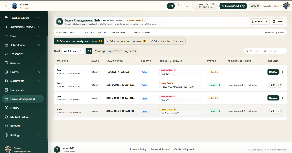 Leave Management Hub — Student & staff leave requests, categorized reasons, instant approval & attendance auto-sync