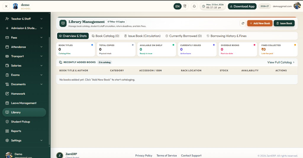 Library Management Hub — Book cataloging, rack locations, instant student issue, overdue tracking & fine collection