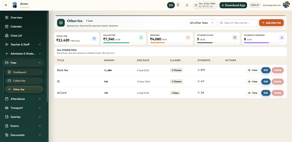 Other Fee Dashboard — 3 Fee Types (Book fee, ID, Id Card), ₹11,420 total fee, ₹7,340 collected, and + Add other fee button
