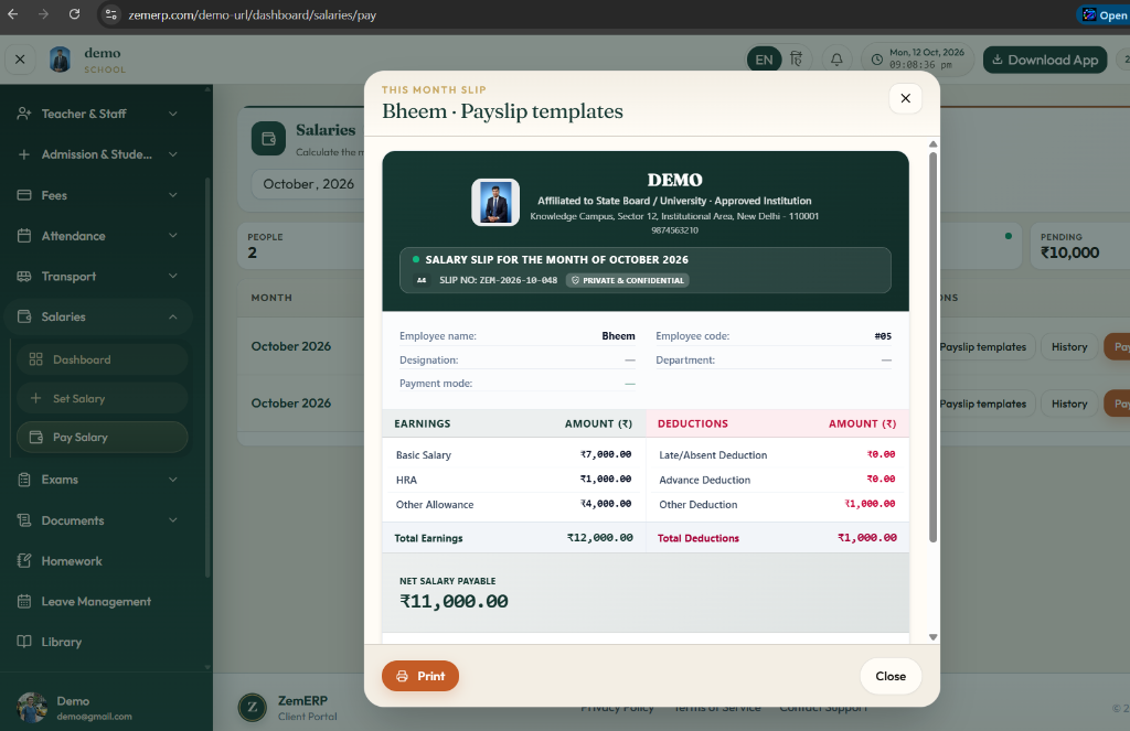 Employee Payslip — Detailed Earnings, Deductions, Net Salary breakdown aur 1-click official print
