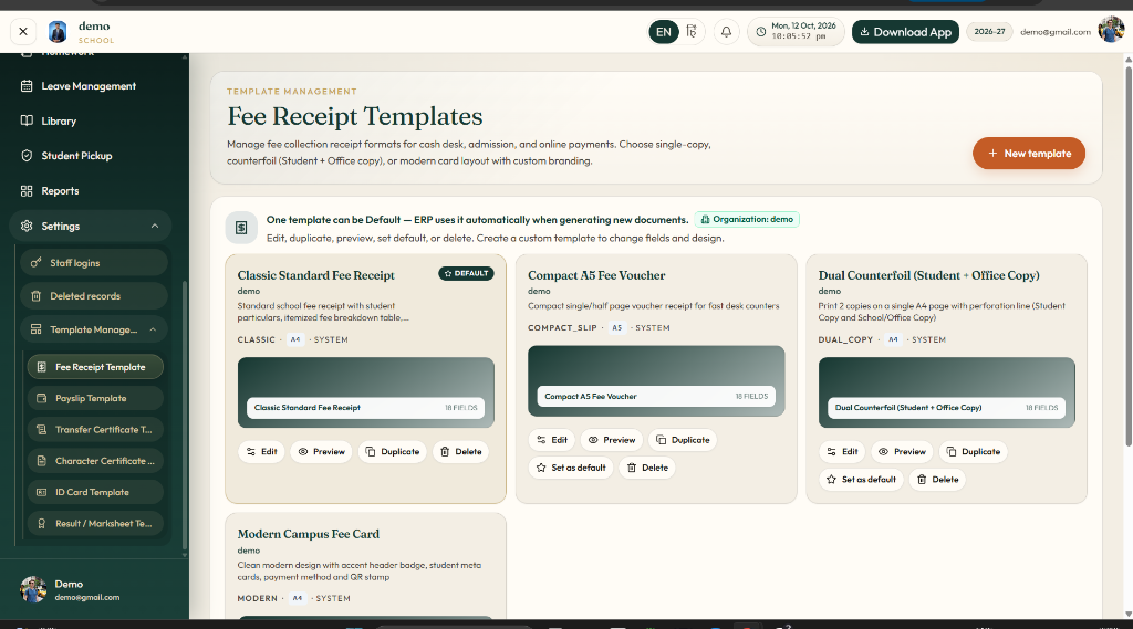 Template Management Hub — Classic Standard, Compact A5, Dual Counterfoil (Student+Office Copy) aur Modern layouts with 1-click Default toggle