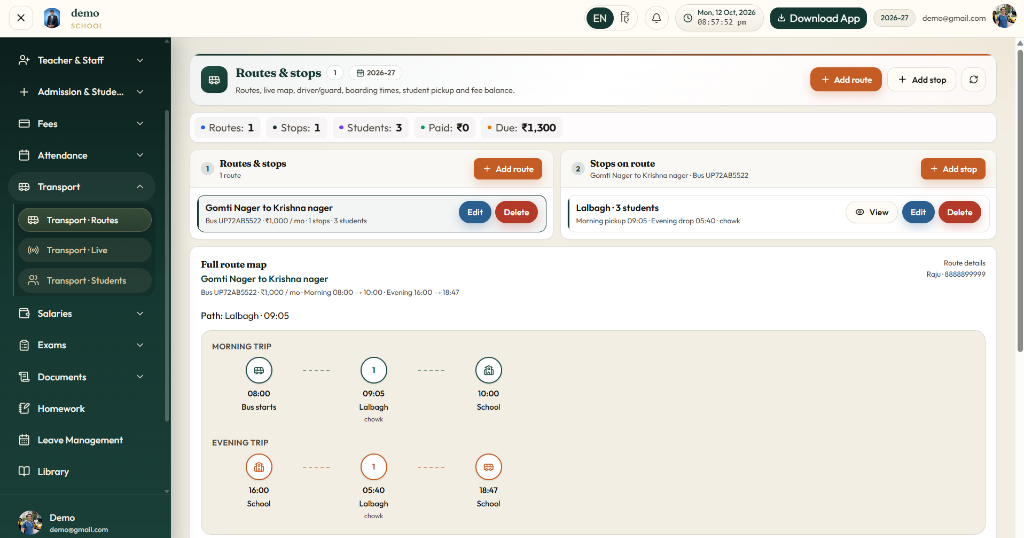 Transport Routes & Stops — Route overview, Morning/Evening trip timeline aur driver details