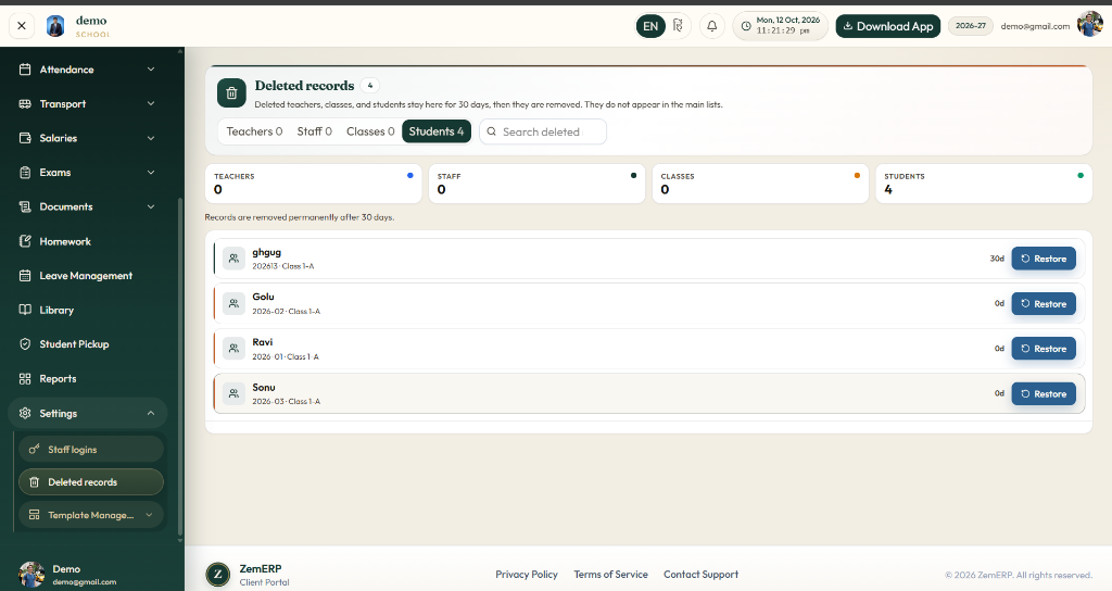 Deleted Records (30-Day Safe Recovery) — Teachers (0), Staff (0), Classes (0), Students (4), and 1-click Restore buttons