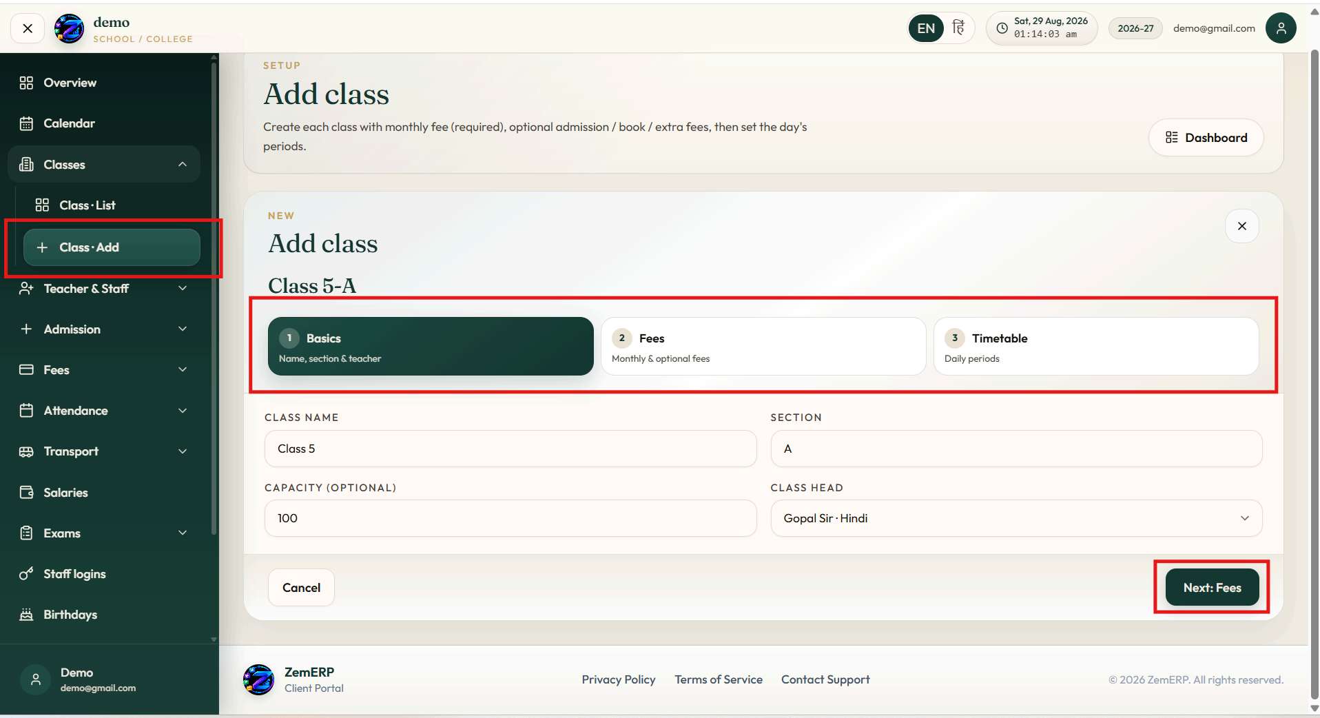 Add Class Wizard — Basics → Fees → Timetable