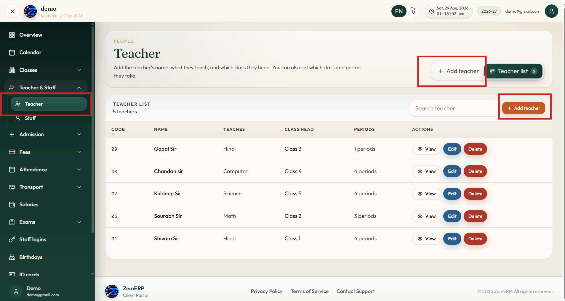 Teacher List — Teacher details, assigned classes aur periods