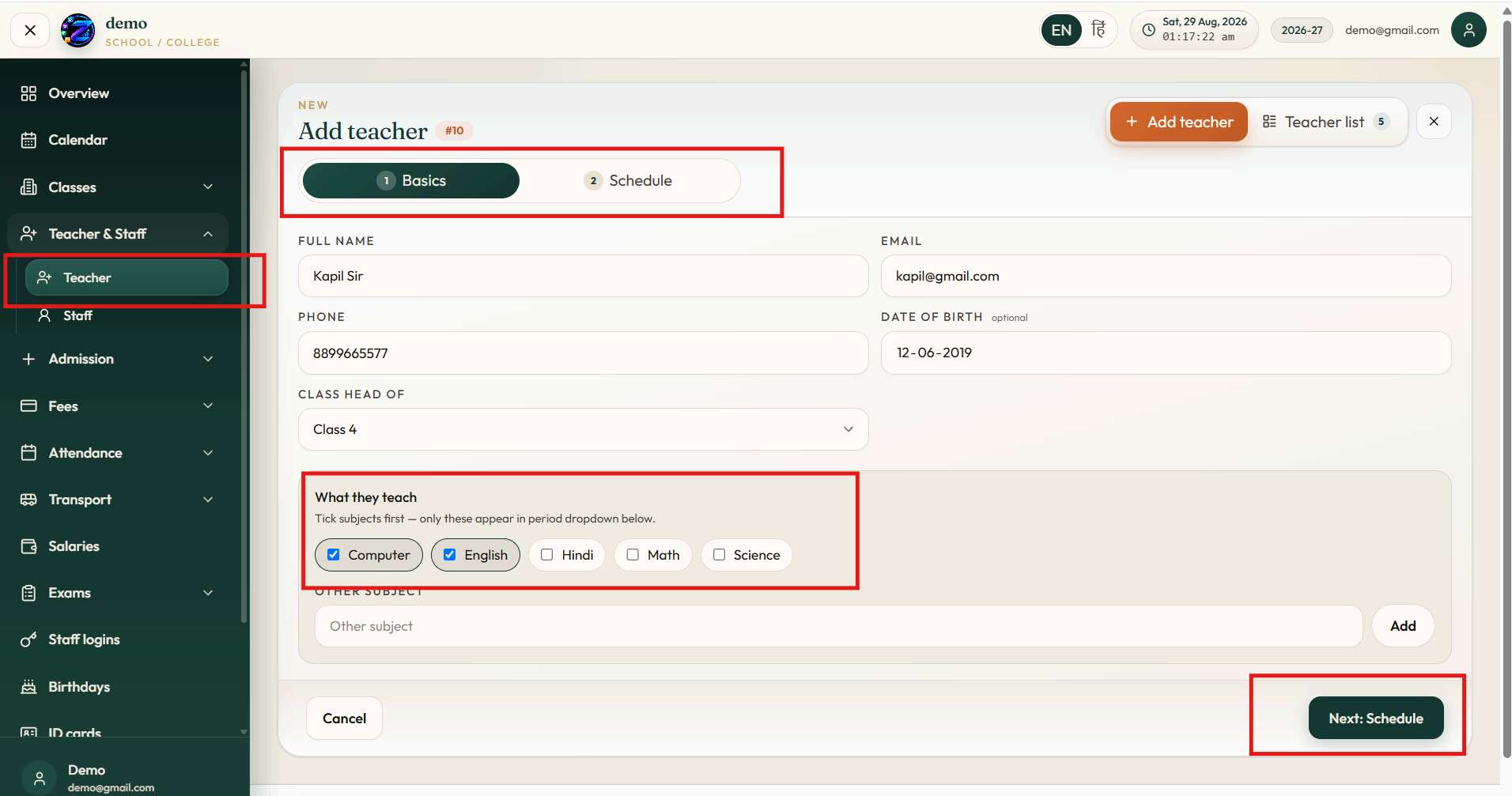 Add Teacher — Personal info, subjects tick karein, schedule set karein