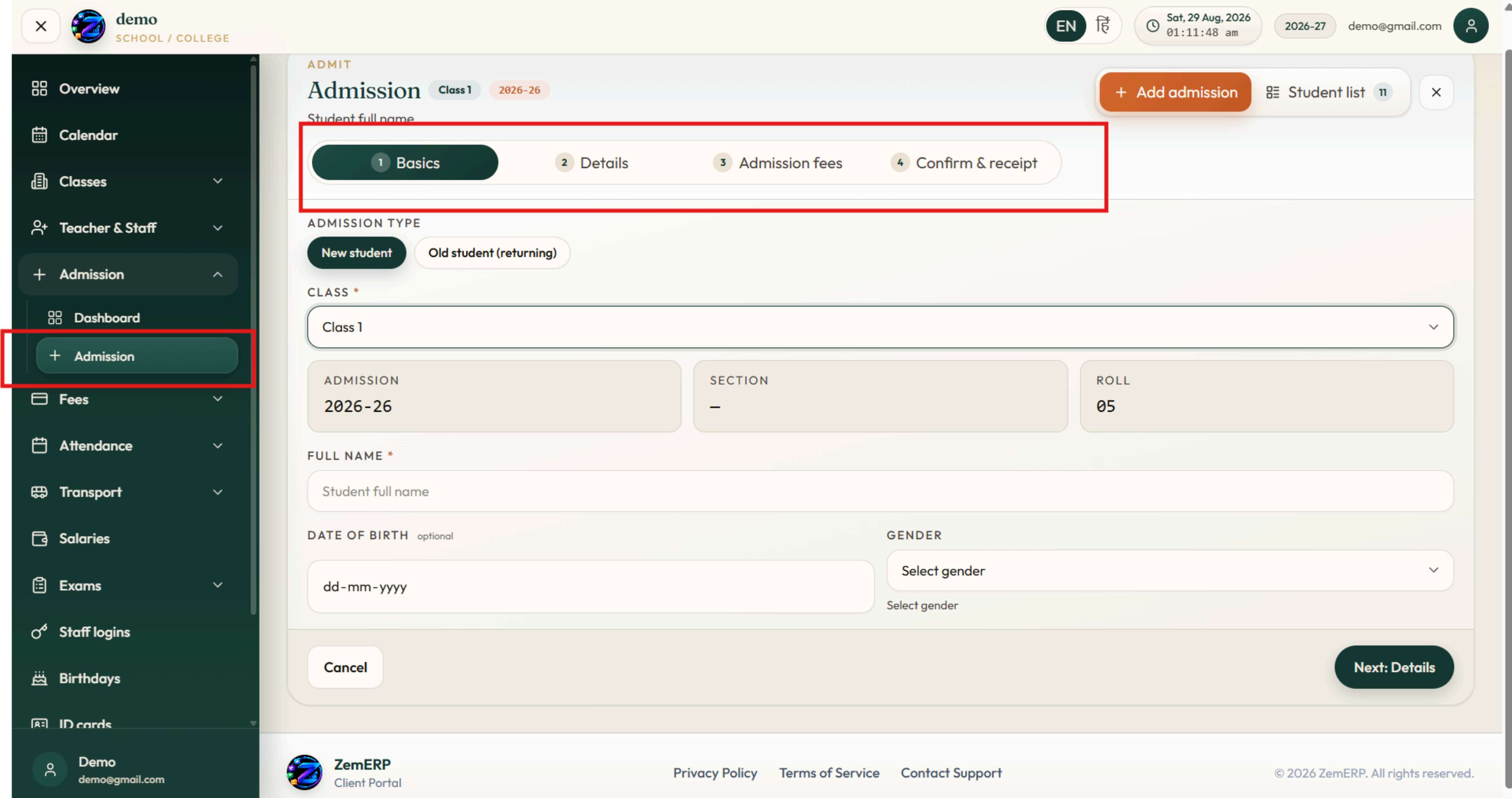 Student Admission Wizard — 4-Step Form: Basics → Details → Admission Fees → Confirm & Receipt