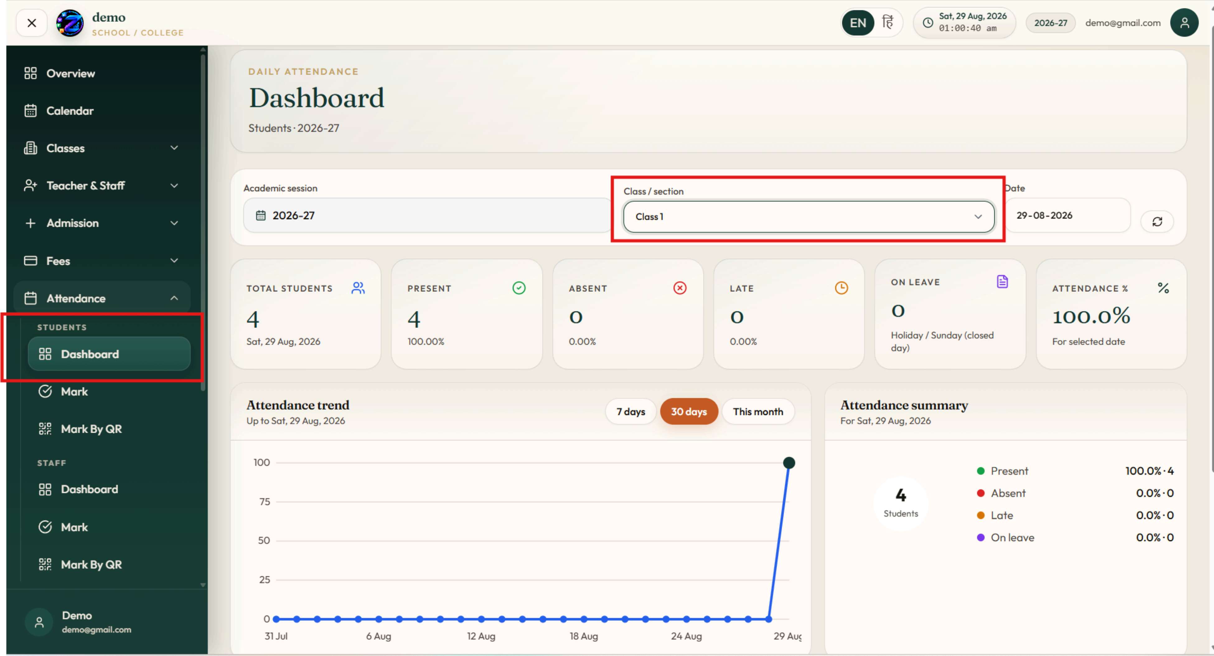 Attendance Dashboard — Class-wise live student attendance status