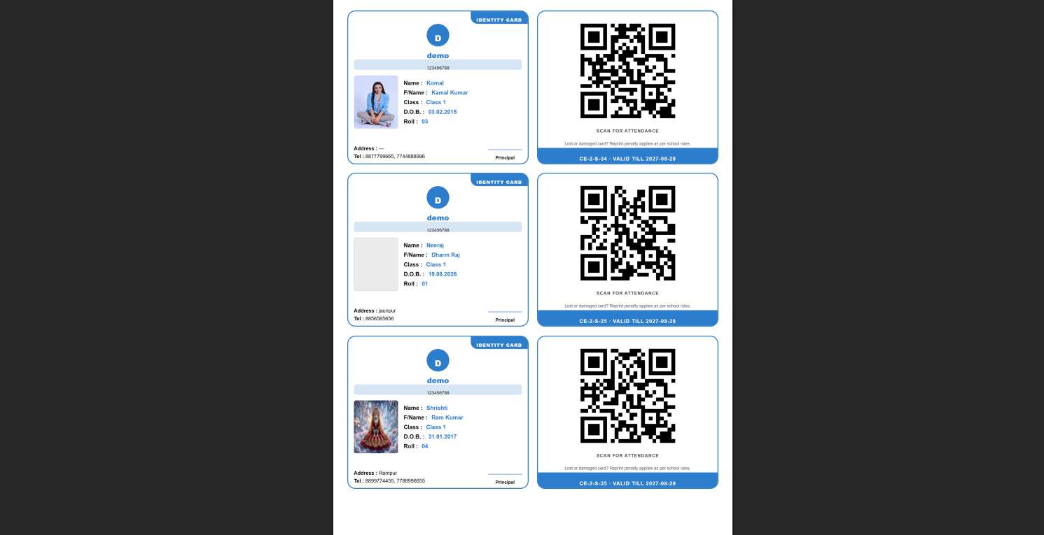 Generated ID Cards — Front student details aur Back attendance QR code