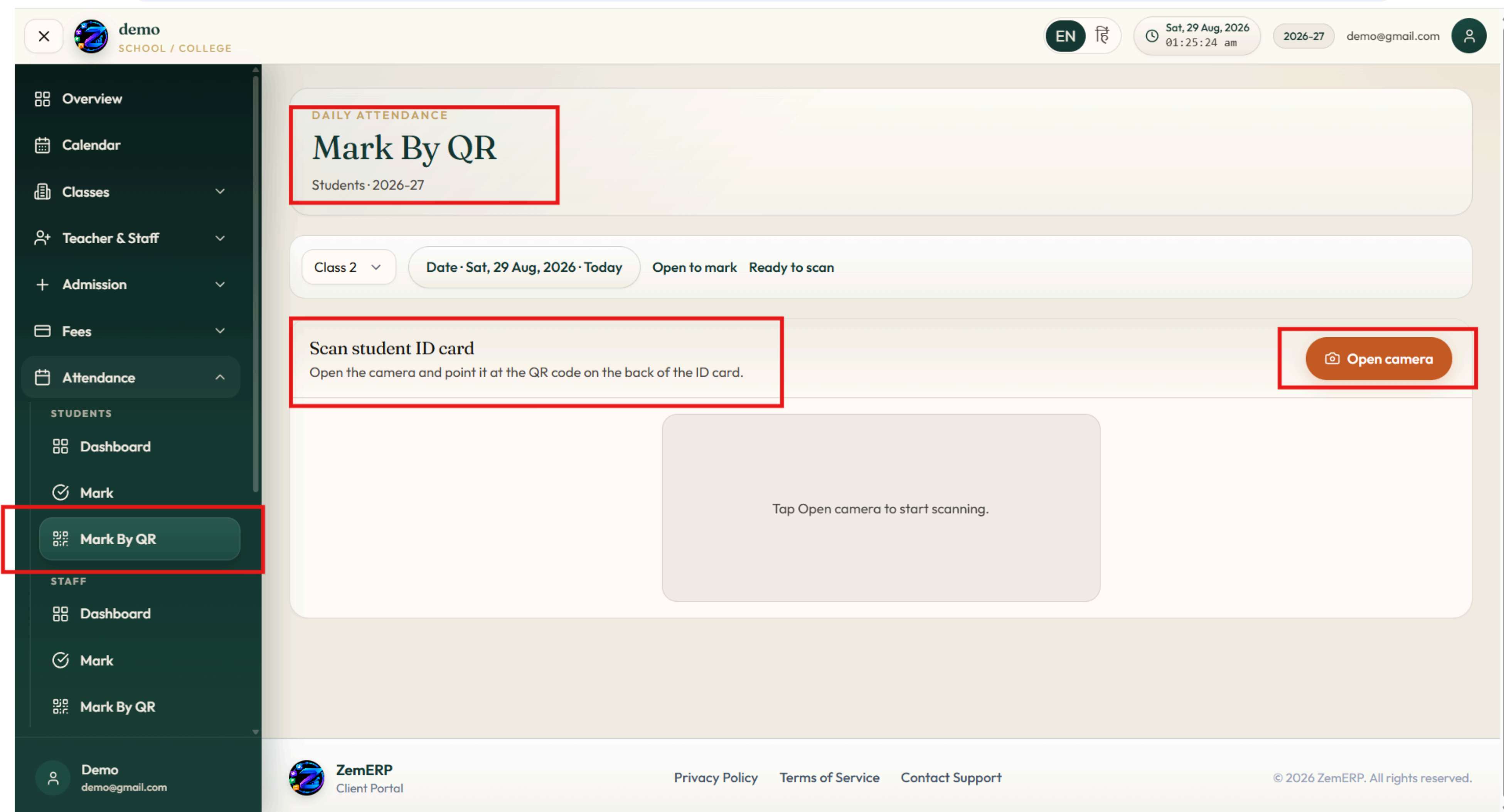 Mark By QR — Camera open karein aur ID card ka back scan karein