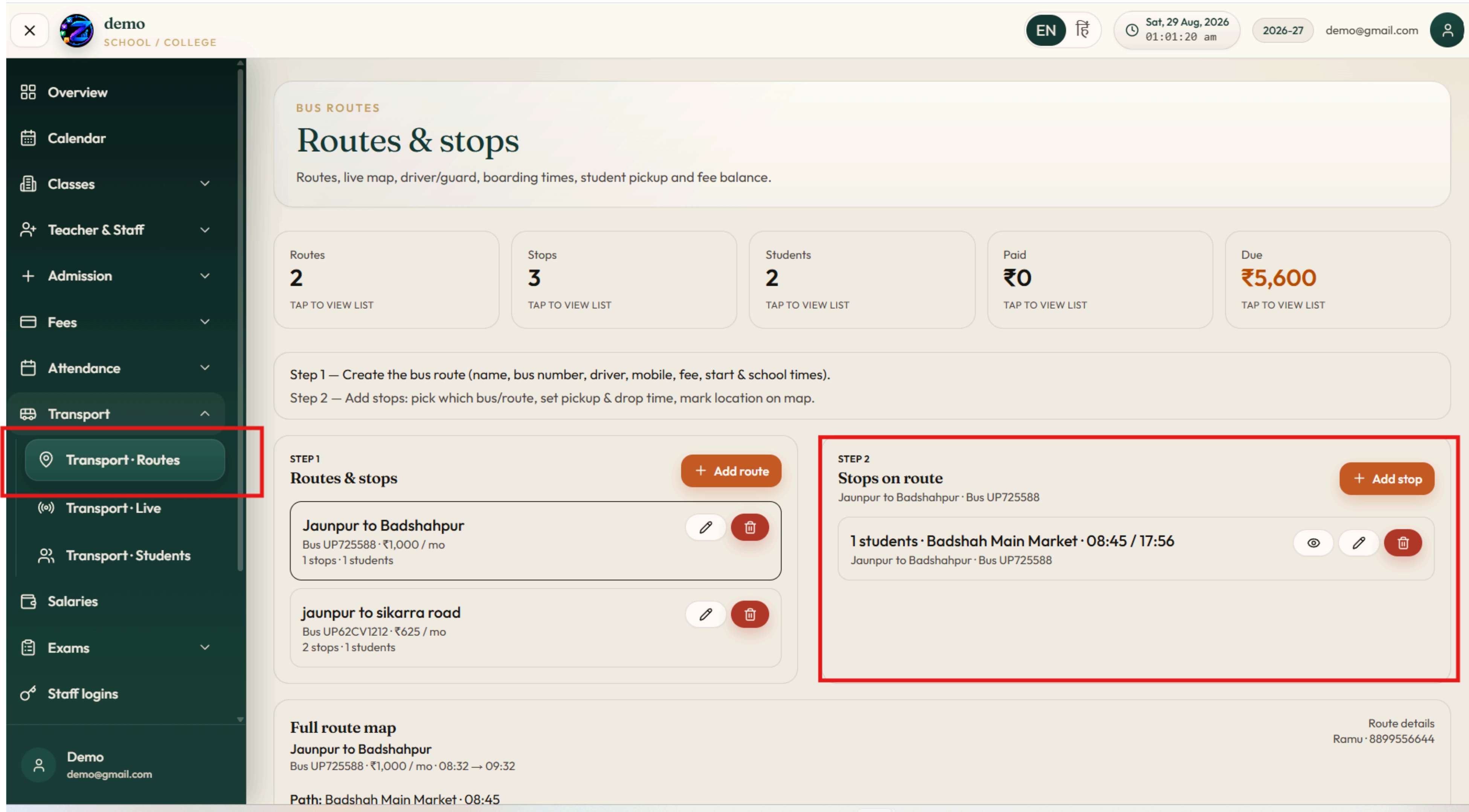 Routes & Stops — Step 1: Route, Step 2: Stops