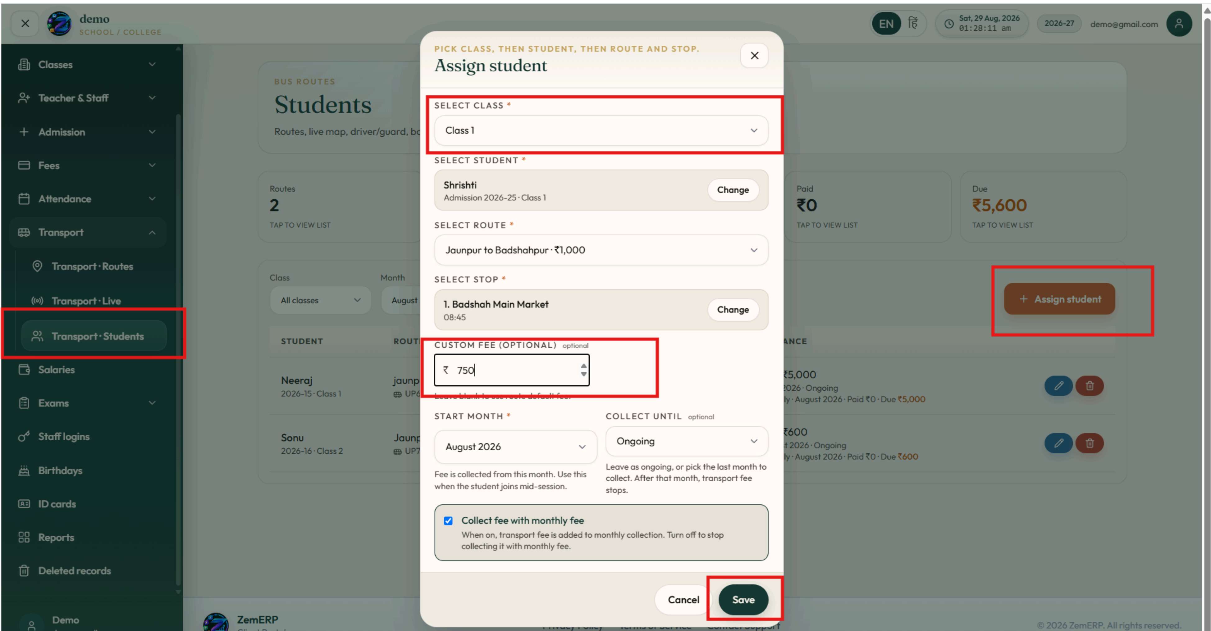 Assign Student — Class, student, route, stop, start month aur fee linking
