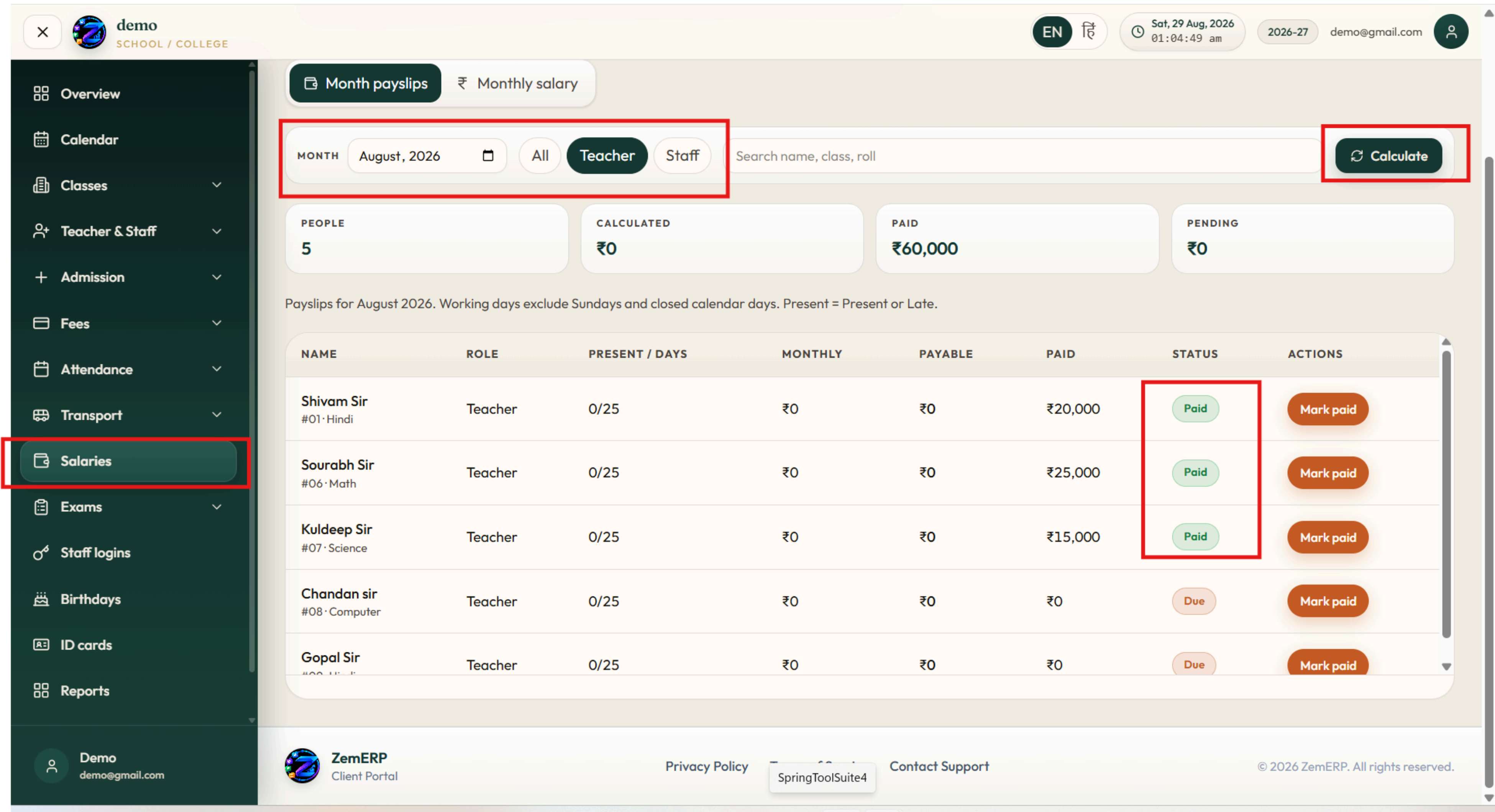 Salaries — Month select, Calculate, payable days verification, Mark paid